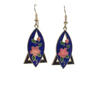 Vintage Cloisonne Enamel Floral Dangle Earrings Blue Pink Gold Tone Art Deco